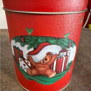 Vintage Festive Red Holiday Tin with Bear Design